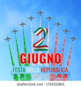 Vector illustration with nine planes and trails in green, white, and red colors of the flag of Italy and text isolated on sky background. Translation: "June 2. Republic Day.