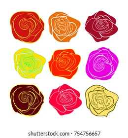 vector illustration of nine roses blossoms in different colors