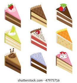 Vector illustration of nine slices of delicious cakes.