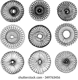 Vector and illustration of nine spirographs with a fading effect, made with a pen on a tablet and a real spirograph. 
