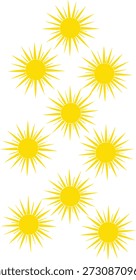 Ilustración vectorial de nueve Formas solares amarillas estilizadas con rayos puntiagudos dispuestos verticalmente sobre fondo blanco