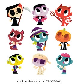 A vector illustration  of nine super cute halloween monsters and ghouls like witch, vampire, werewolf, zombies and more.