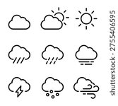 Vector illustration of nine weather icons in black outline, featuring clouds, sun, rain, lightning, snow, and wind, representing various weather conditions.