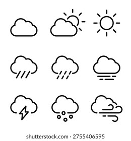Vector illustration of nine weather icons in black outline, featuring clouds, sun, rain, lightning, snow, and wind, representing various weather conditions.