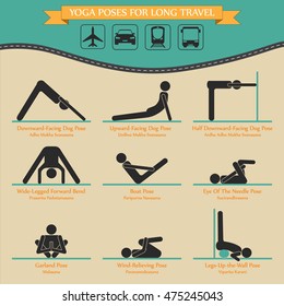 Vector illustration of nine yoga poses to help restore body during and after long travel