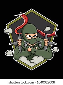 Vector illustration of Ninja assassin carrying shuriken. Isolated on black background
