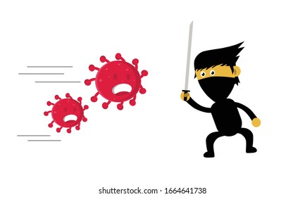 vector illustration of a ninja cartoon character fighting a dangerous virus using a sword