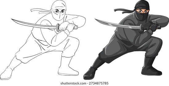 Ilustración vectorial de un ninja en una postura de combate, proporcionada en versiones de contorno y color
