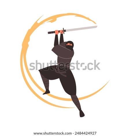 Vector illustration of a ninja in a dynamic pose with airy tails holding a weapon in traditional clothing on an isolated background. Martial art concept in flat style.