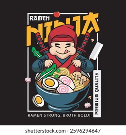 Vector Illustration of Ninja Eating Ramen with Cute Illustration Available for Tshirt Design