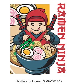 Vector Illustration of Ninja Eating Ramen with Cute Illustration Available for Tshirt Design