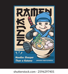 Vector Illustration of Ninja Eating Ramen with Cute Illustration Available for Poster