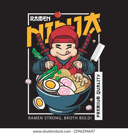 Vector Illustration of Ninja Eating Ramen with Cute Illustration Available for Tshirt Design