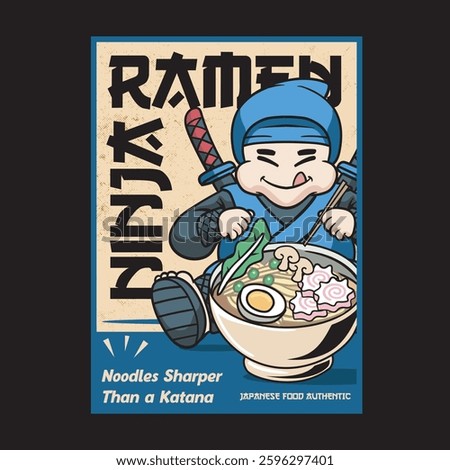 Vector Illustration of Ninja Eating Ramen with Cute Illustration Available for Poster