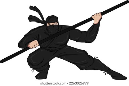 
Vector illustration of a ninja holding a staff, facing forward and dressed in black
