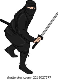 
Ilustración vectorial de un ninja sosteniendo una espada, inclinando y mirando hacia adelante y vestido de negro