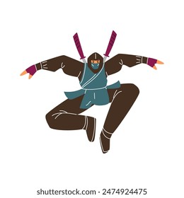 Vector illustration of a ninja with a katana and a mask in a jump, The art reflects the essence of the techniques of stealth of historical ninja warriors.