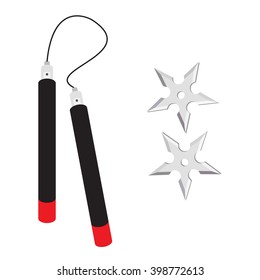 Vector illustration ninja nunchaku and throwing stars.  The traditional japanese martial arts weapon. Nunchaka, shuriken  icon isolated on white