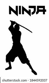 Ilustración vectorial de ninja. Silhouette de un luchador japonés. Icono Ninja. Combatiente japonés tradicional. Asesino asiático con máscara y disfraz. Samurai, Mercenario con espadas en la espalda. Hombre de artes marciales. 