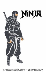 Vector illustration of ninja. Silhouette of a Japanese fighter. Ninja icon. Traditional japanese fighter. Asian assassin in mask and costume. Samurai, Mercenary with swords on back. Martial arts man. 