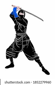 Vector illustration of ninja. Silhouette of a Japanese fighter. Ninja icon. Traditional japanese fighter. Asian assassin in mask and costume. Samurai, Mercenary with swords on back. Martial arts man. 