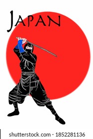 Vector illustration of ninja. Silhouette of Japanese fighter. Ninja on red sun backgraund with inscription Japan. Fighter. Asian assassin in mask and costume. Samurai, Mercenary with swords on back.