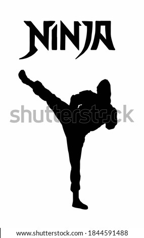 Vector illustration of ninja. Silhouette of a Japanese fighter. Ninja icon. Traditional japanese fighter. Asian assassin in mask and costume. Samurai, Mercenary with swords on back. Martial arts man. 