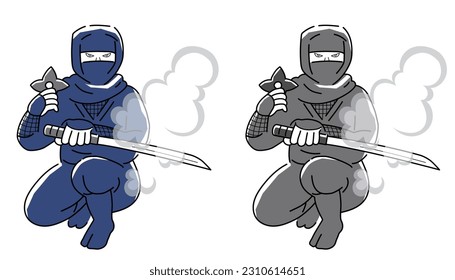 Vector illustration of ninja with small edged weapon often used for throwing and sword