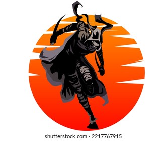 vector illustration of a ninja using two very powerful small swords in battle