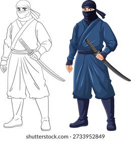 Vector illustration of a ninja warrior in blue attire beside a black and white outline