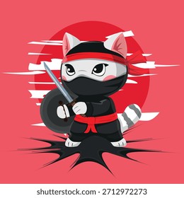 Ilustração vetorial de um Gato Guerreiro Ninja com uma Espada e Escudo