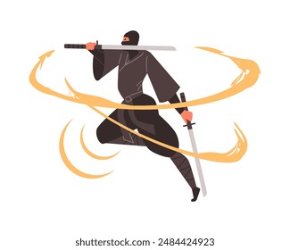 A vector illustration of a ninja warrior in traditional clothing, showing the dynamic aerial tails from weapon fighting techniques. Suitable for themed design. Flat style, isolated background.