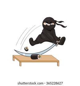 Vector illustration of a ninja with a weapon (katana). He slices sushi (rolls) on the japanese kotatsu. Illustration isolated on white background. 