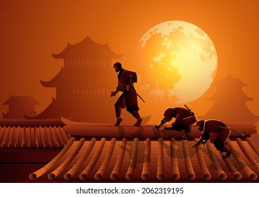 Vector illustration of the ninjas are sneaking up on the roof top to carry out a secret mission