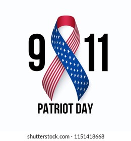 Vector illustration for ninth of september day. Badge ribbon with flag of United States of America against light background with stripes. We Will Never Forget.