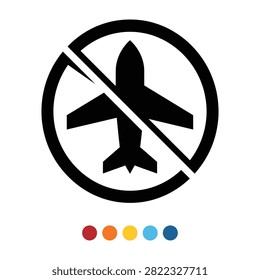 Vector illustration of no airplane icon on white background. Prohibition symbol with crossed out aircraft silhouette. Aviation ban sign for safety rules and regulations.