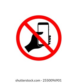 Vector illustration of a no cell phone sign icon featuring a hand holding a crossed out cell phone with a red circle. Ideal for enforcing a no cell phone policy.