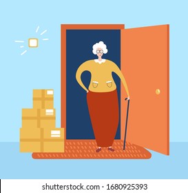 Vector illustration No contact delivery. Pensioner couple receives the order at the apartment door. Non-contact delivery service. Self isolation and quarantine lifestyle. Protect old people from virus