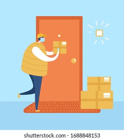 Vector illustration No contact delivery. Deliver man in the face mask and gloves puts the order near the apartment door. Drop off delivery service. Self isolation and quarantine lifestyle.
