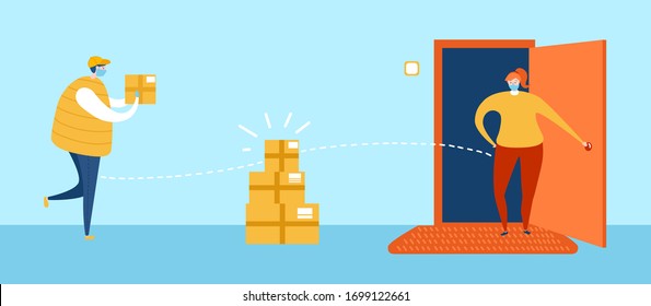 Ilustración vectorial No se produce ningún contacto durante la pandemia. El repartidor en la máscara deja las cajas a la distancia segura. La mujer en las máscaras respiratorias recibe la orden. 