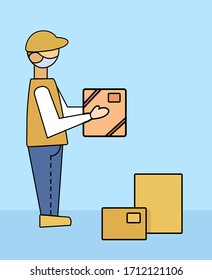 Vektorillustration Abbildung Keine Kontaktaufnahme. Lieferant Mann verlässt die Kisten in der Nähe des Wohnungseingangs. Expresszustellung ohne Kontaktaufnahme. Selbstisolierender Lebensstil. Quarantäneschäftigungsanordnung