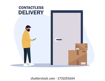 Vector illustration No contact delivery. Deliver man brings the boxes and puts them near the apartment door. Non-contact express delivery service. Self isolation and quarantine lifestyle.