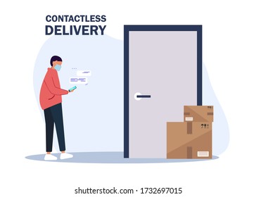 Vector illustration No contact delivery. Deliver man brings the boxes and puts them near the apartment door. Non-contact express delivery service. Self isolation and quarantine lifestyle.