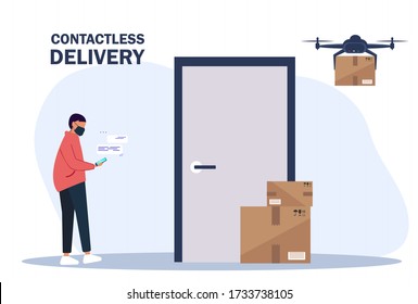 Vector illustration No contact delivery. Drone delivers boxes. Deliver man brings the boxes and puts them near the apartment door. Non-contact express delivery service. Self isolation and quarantine