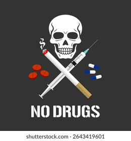 Vector illustration of a no drugs sign with skull symbol, representing danger and awareness for International Day Against Drug Abuse and Illicit Trafficking.
