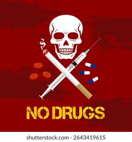 Vector illustration of a no drugs sign with skull symbol, representing danger and awareness for International Day Against Drug Abuse and Illicit Trafficking.
