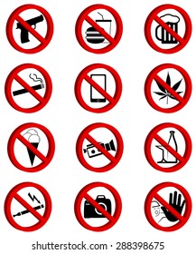 Vector illustration of "No" signs for different prohibited activities. 3D