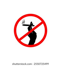 Vector illustration of a no smoking sign icon showing a hand holding a cigarette with smoke, crossed out with a red circle. Represents anti-smoking and health awareness.