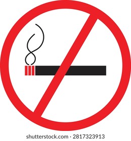 A vector illustration of a no smoking sign, featuring a cigarette with a red prohibition circle and a diagonal slash, isolated on a white background.