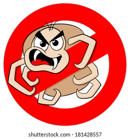 vector illustration of a no ticks cartoon warning sign